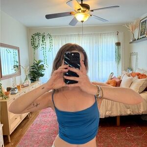 Blue Ruched Cowl Neck Crop Top